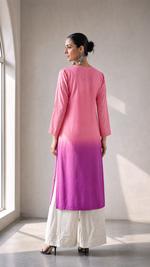  White rayon cotton embroidered palazzo paired with ombre pink chikankari kurta