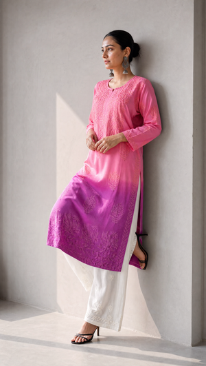  Ombre pink rayon cotton kurta with floral chikankari embroidered yoke