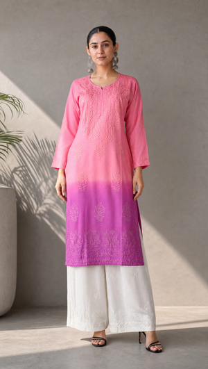  Ombre pink rayon cotton chikankari kurta with white palazzo set for women front view
