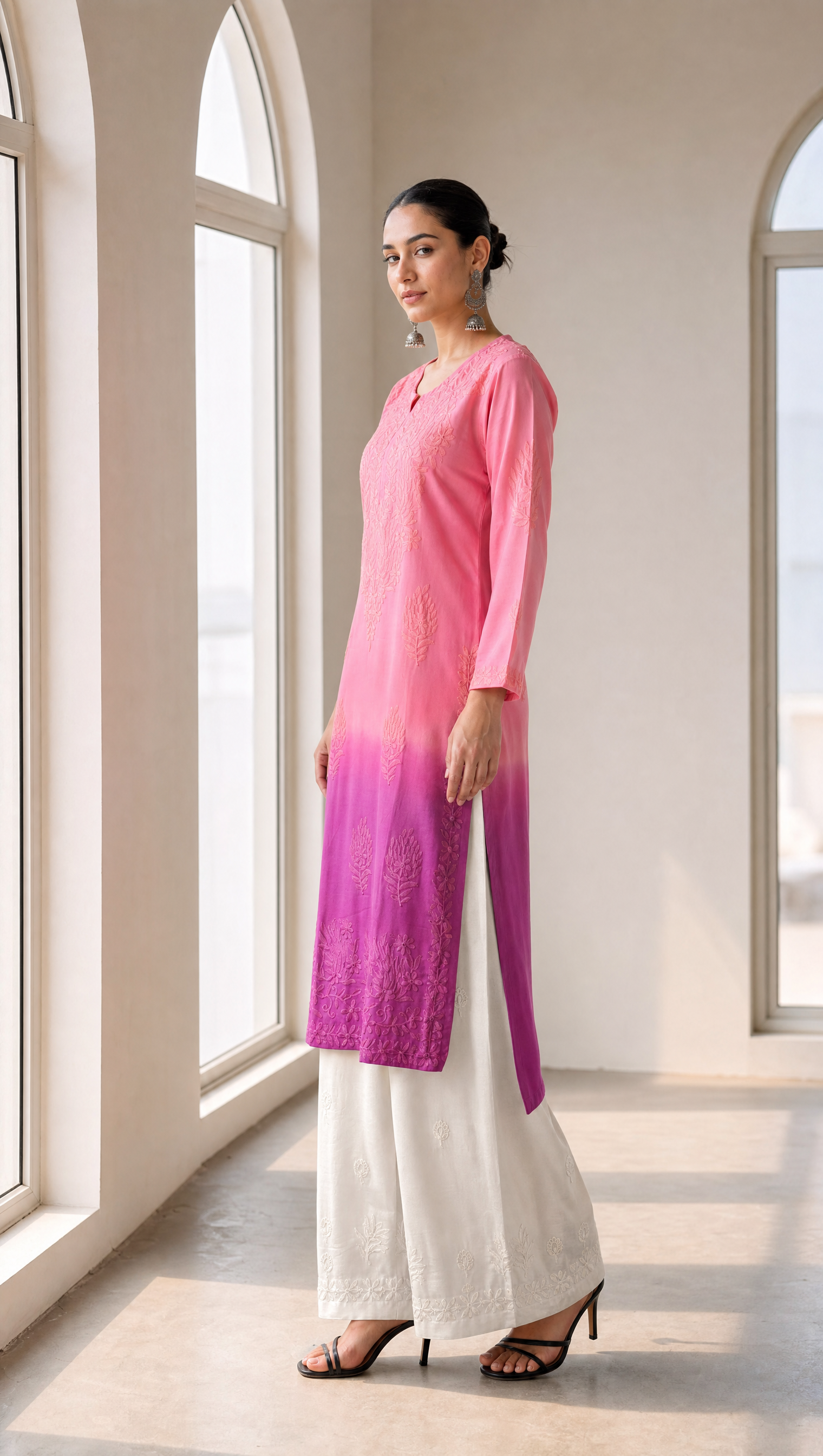 Ombre pink chikankari kurta with 3/4 sleeves and embroidered border