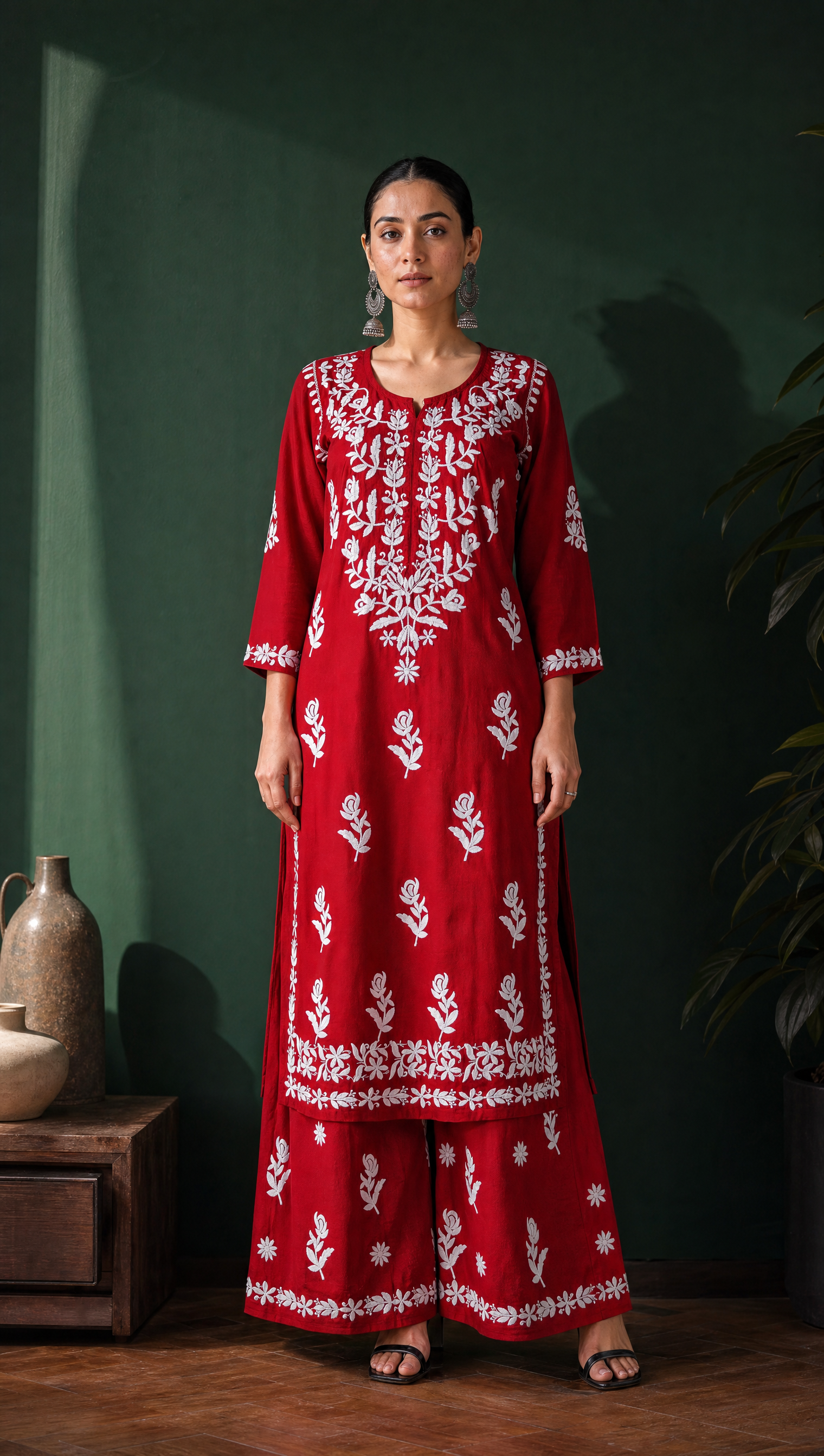 Maroon rayon cotton chikankari kurta palazzo set for women front view