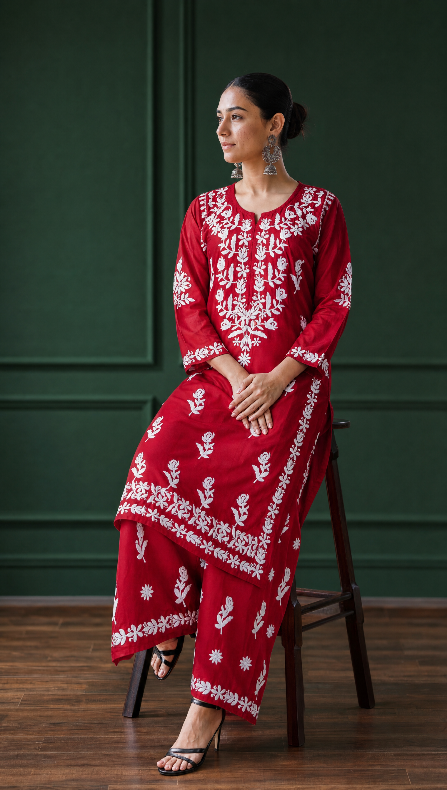  Maroon rayon cotton kurta with floral chikankari embroidered yoke