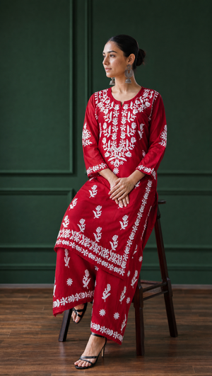  Maroon rayon cotton kurta with floral chikankari embroidered yoke