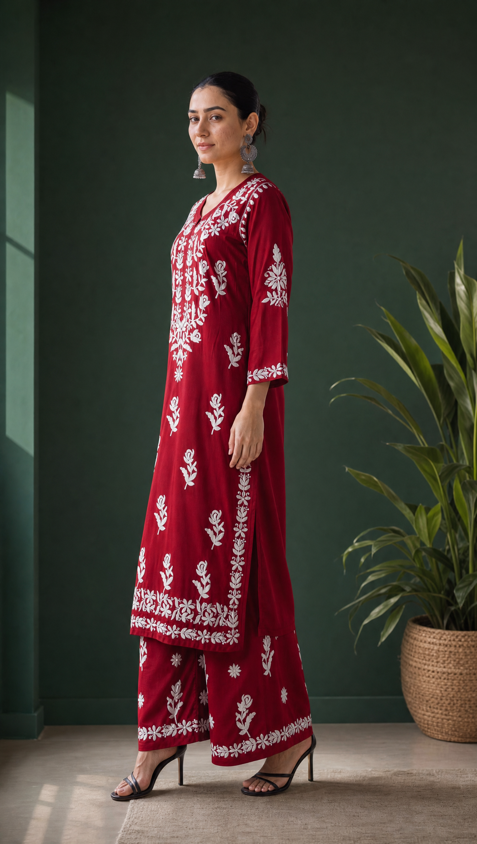  Maroon rayon cotton embroidered palazzo with floral chikankari motifs