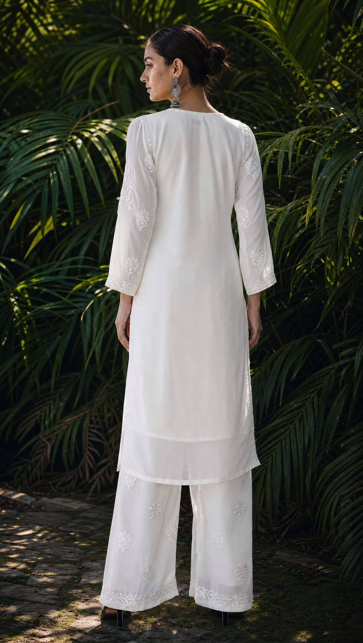 White georgette embroidered palazzo with elasticated waistband