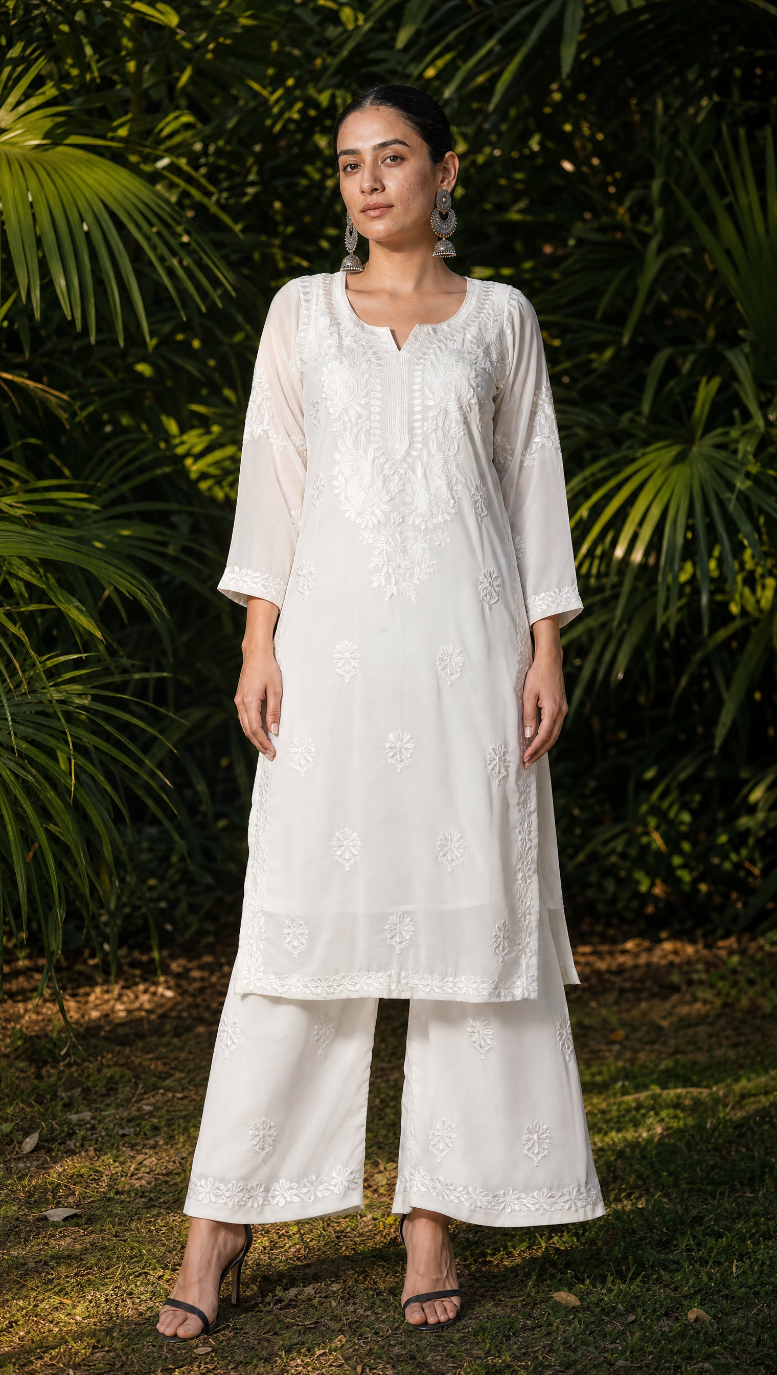 White georgette chikankari kurta palazzo set for women front view