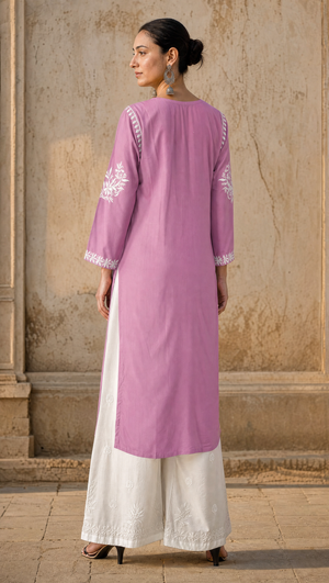 White rayon cotton embroidered palazzo paired with purple chikankari kurta