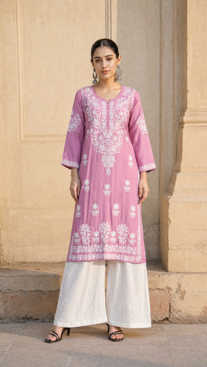  Purple rayon cotton chikankari kurta with white palazzo set for women front view