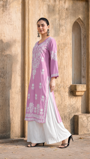 Purple rayon cotton kurta with floral chikankari embroidered yoke