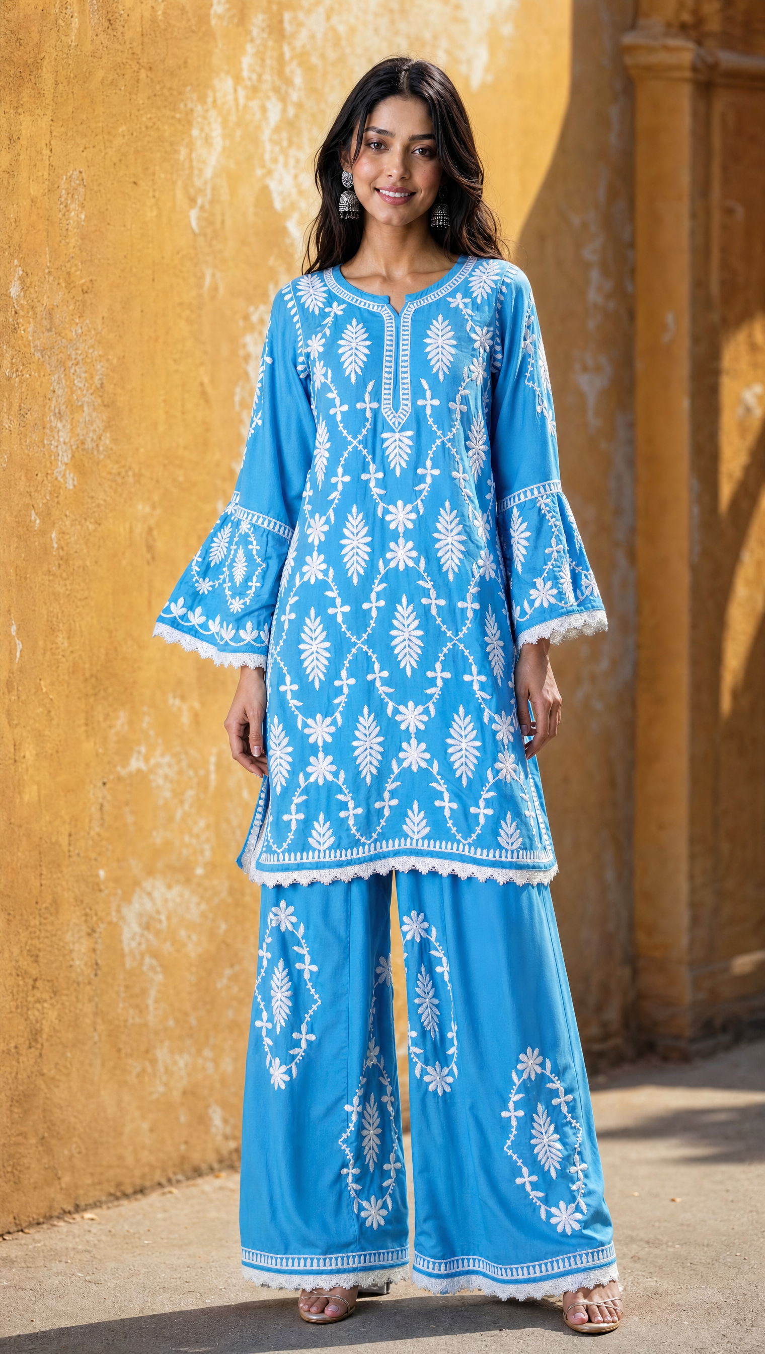 Sky blue rayon cotton kurta with floral chikankari embroidered yoke