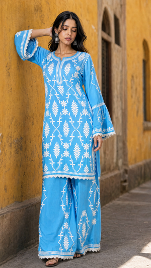 Sky blue rayon cotton chikankari kurta palazzo set for women front view