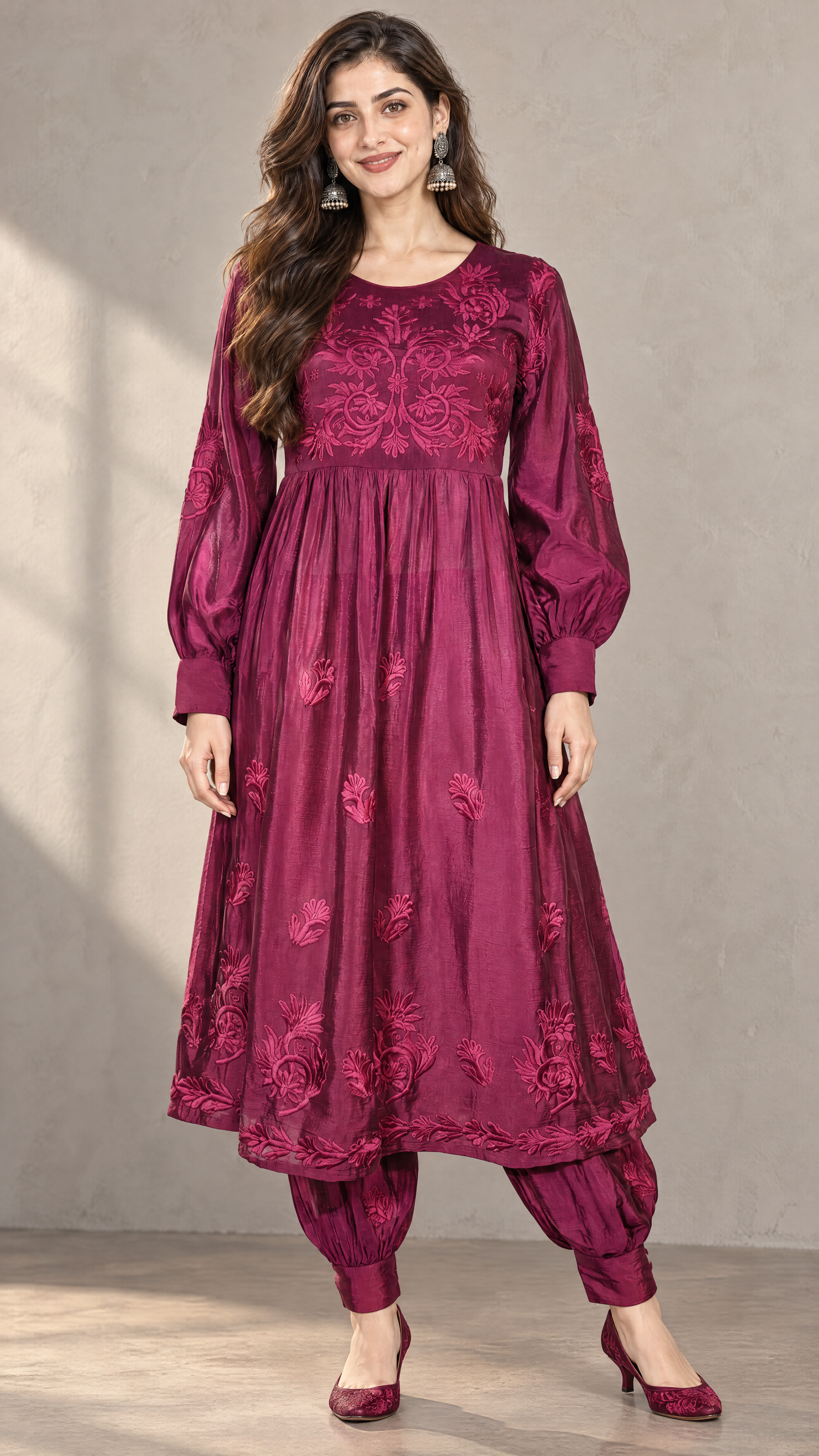 Wine silk chikankari Afghani kurta set for women, front view