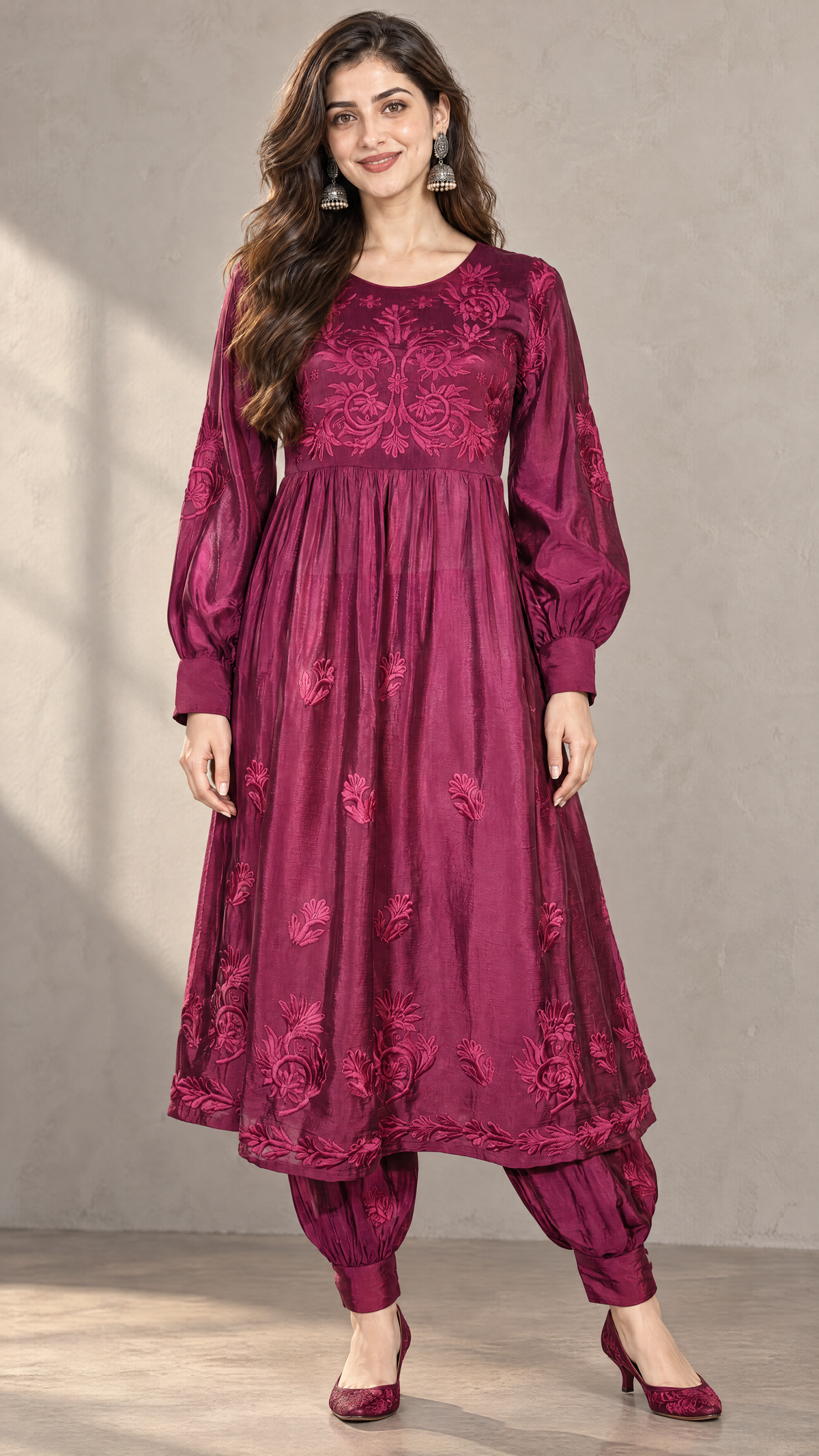 Wine silk chikankari Afghani kurta set for women, front view