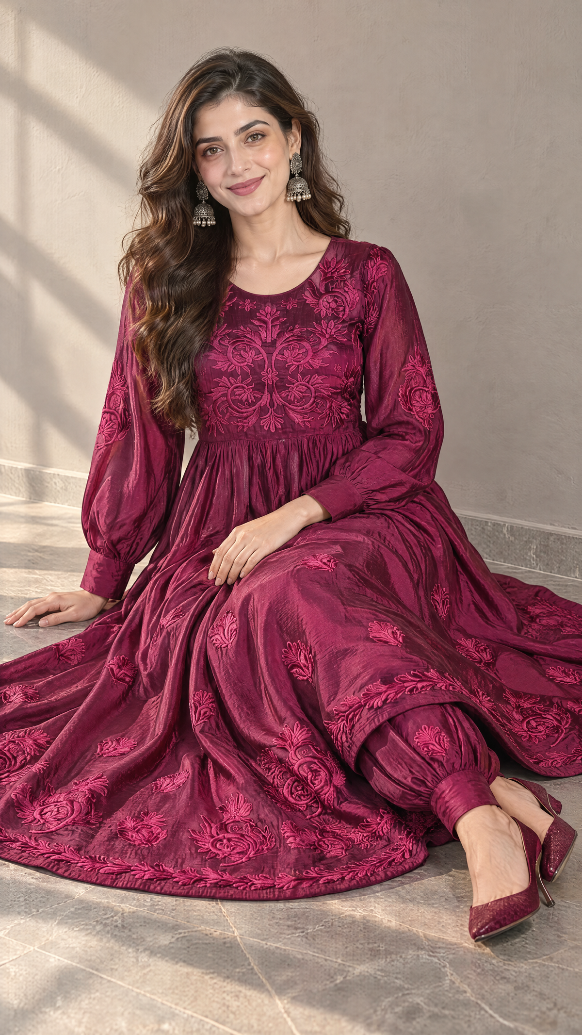 Wine silk chikankari Afghani kurta set for women, Seat view