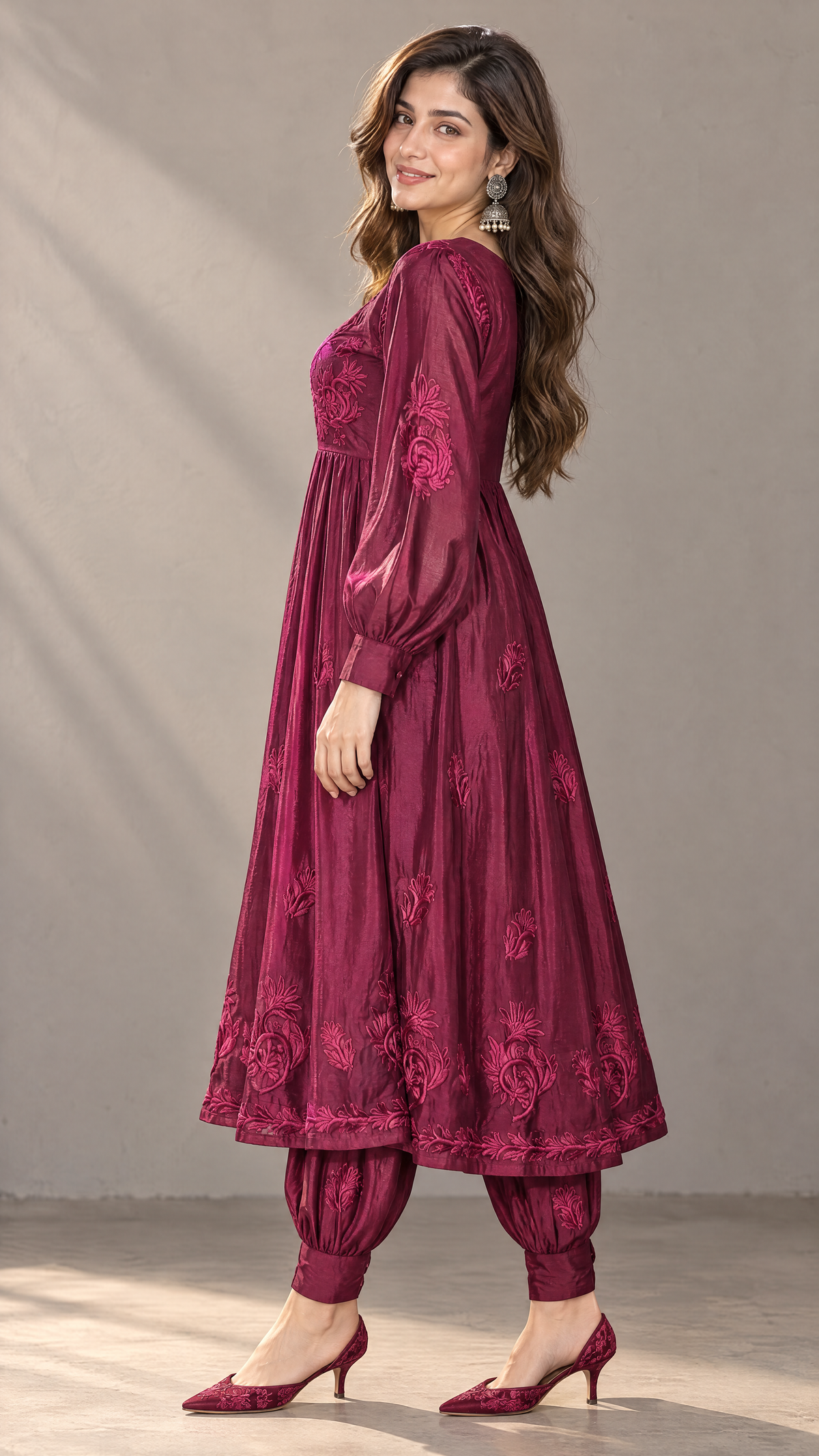 Wine silk chikankari Afghani kurta set for women, Side view