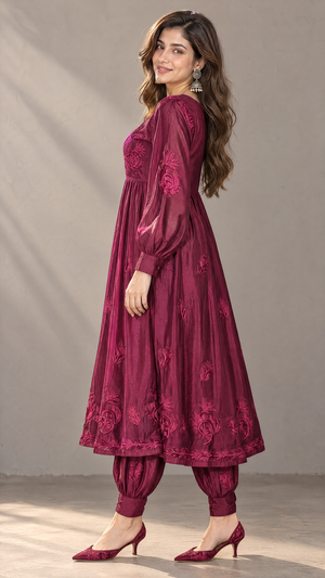 Wine silk chikankari Afghani kurta set for women, Side view