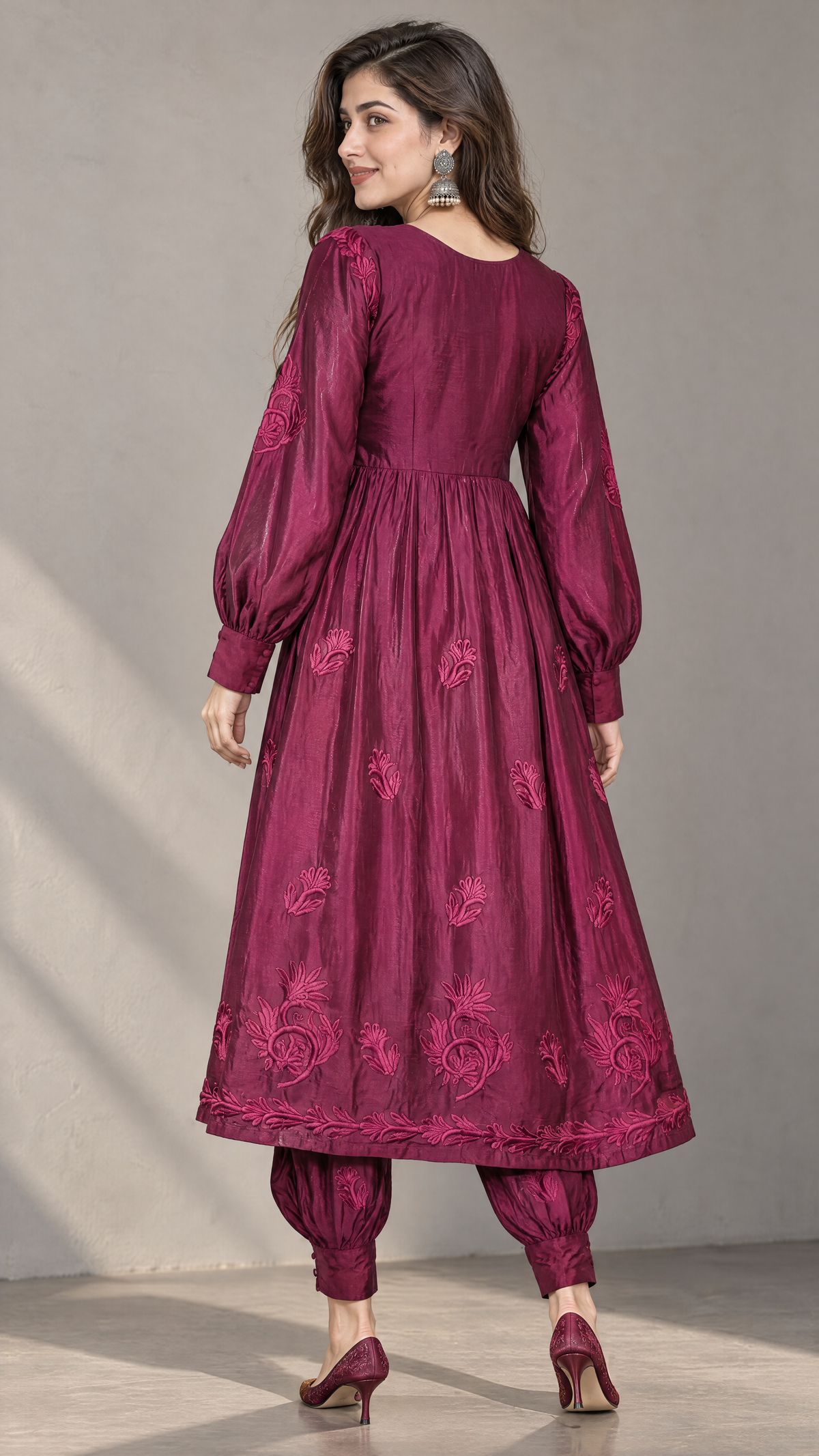 Wine silk chikankari Afghani kurta set for women, Back view