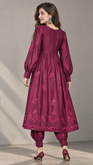 Wine silk chikankari Afghani kurta set for women, Back view