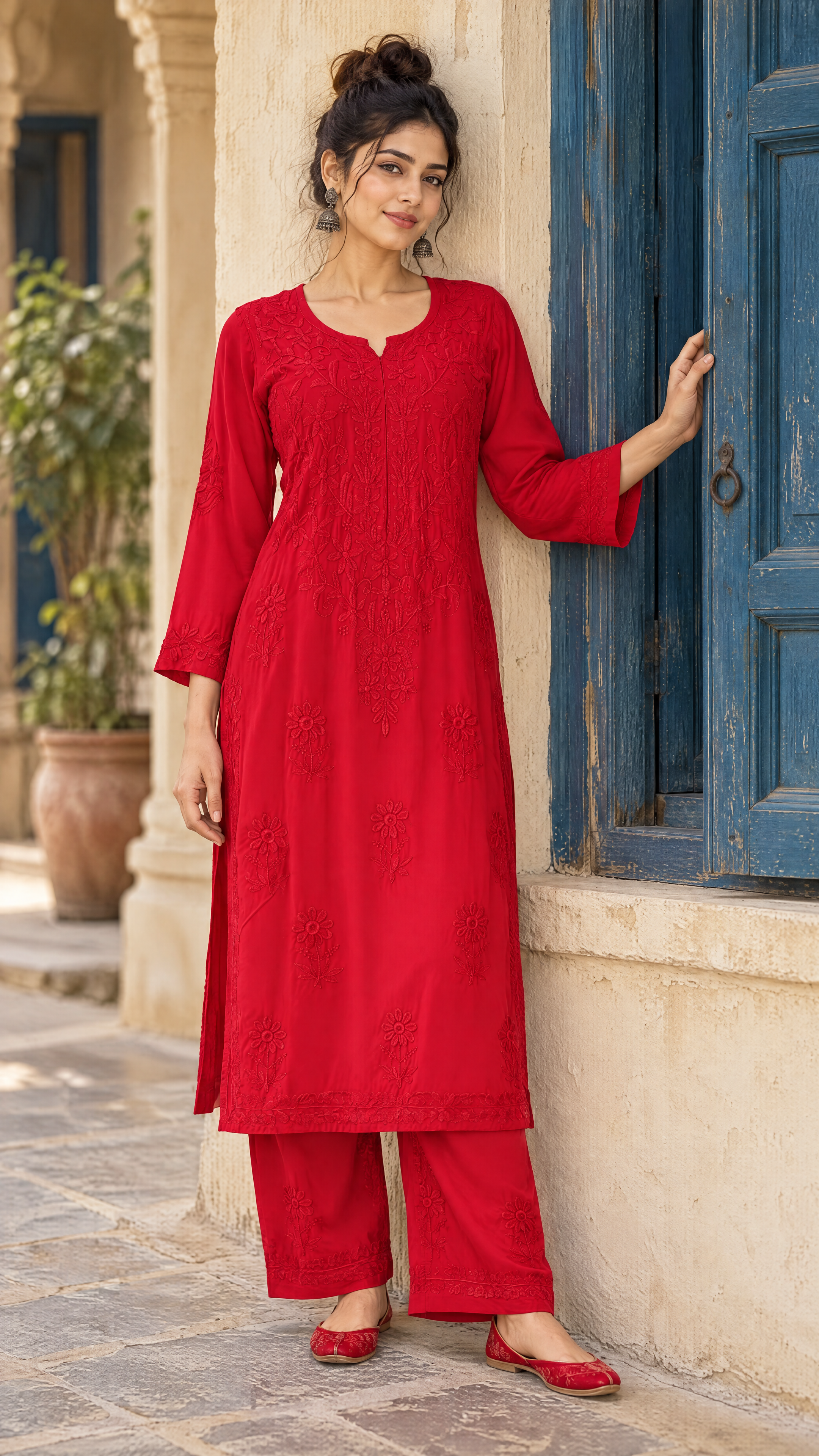 Royal Blue Rayon Cotton Chikankari Kurta Palazzo Set for Women