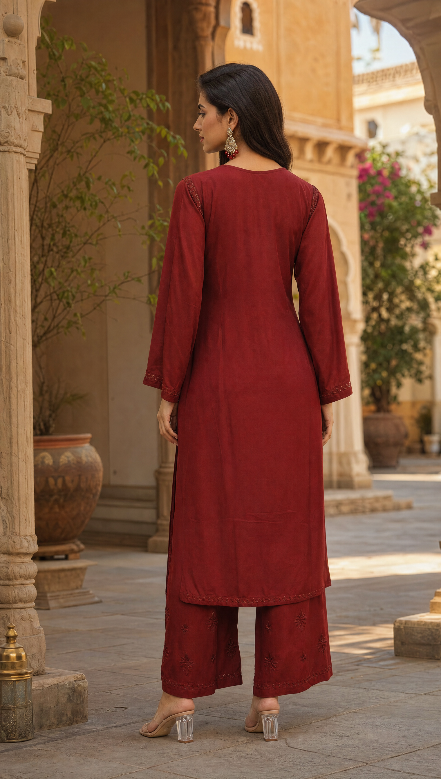 Women Burgundy Maroon Chikankari Kurta Palazzo Set | Elegant Ethnic Co-ord Set