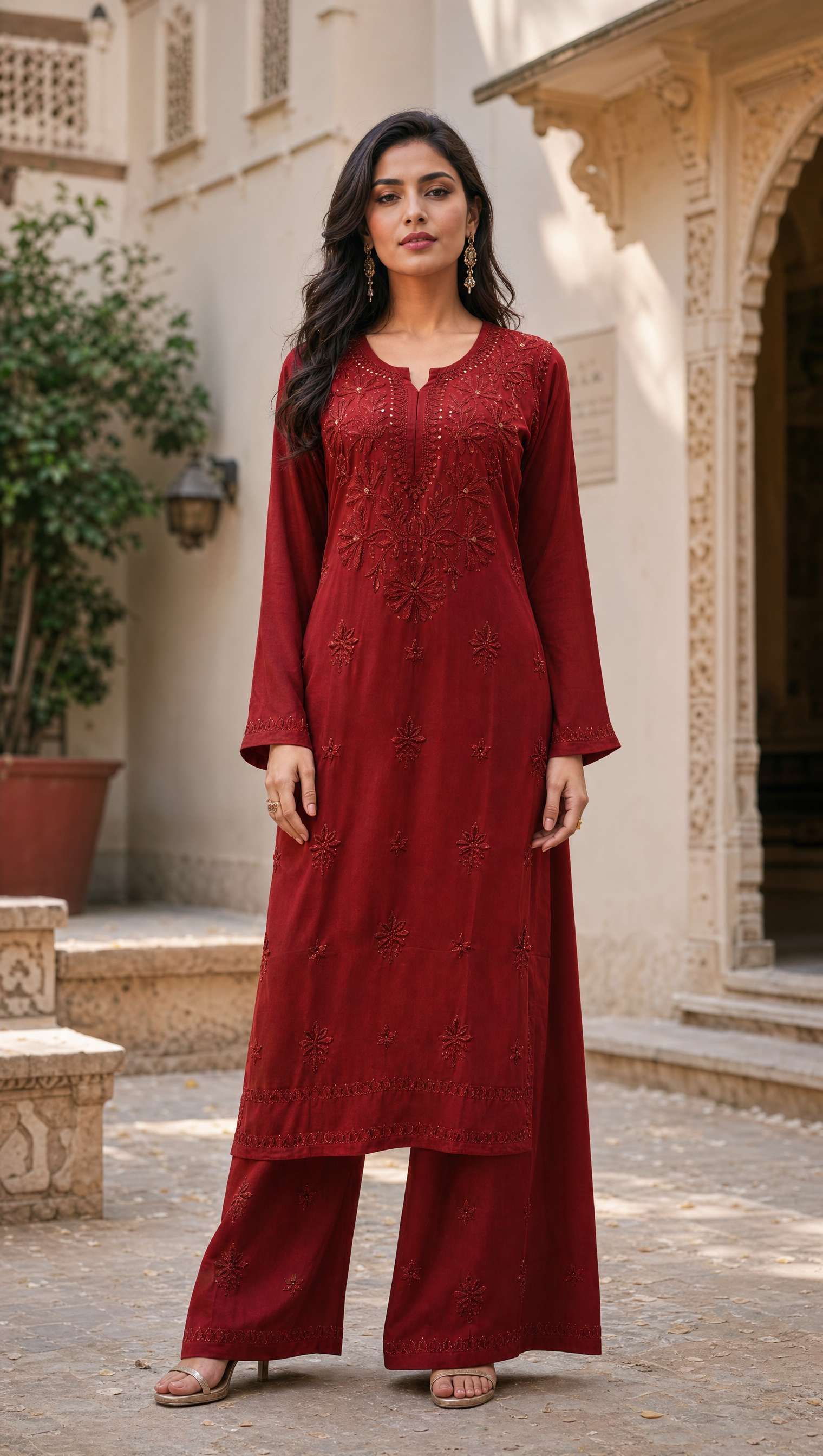Women Burgundy Maroon Chikankari Kurta Palazzo Set | Elegant Ethnic Co-ord Set