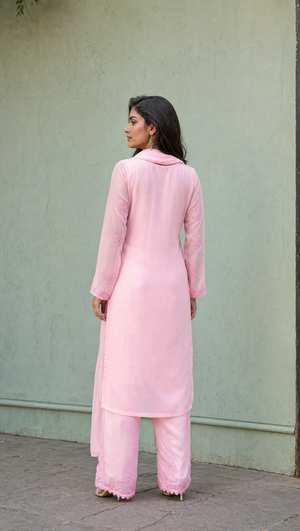 Baby pink embroidered georgette palazzo with matching dupatta