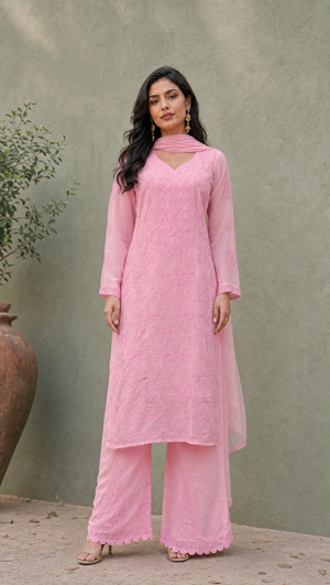 Baby pink georgette chikankari kurta palazzo dupatta set for women front view