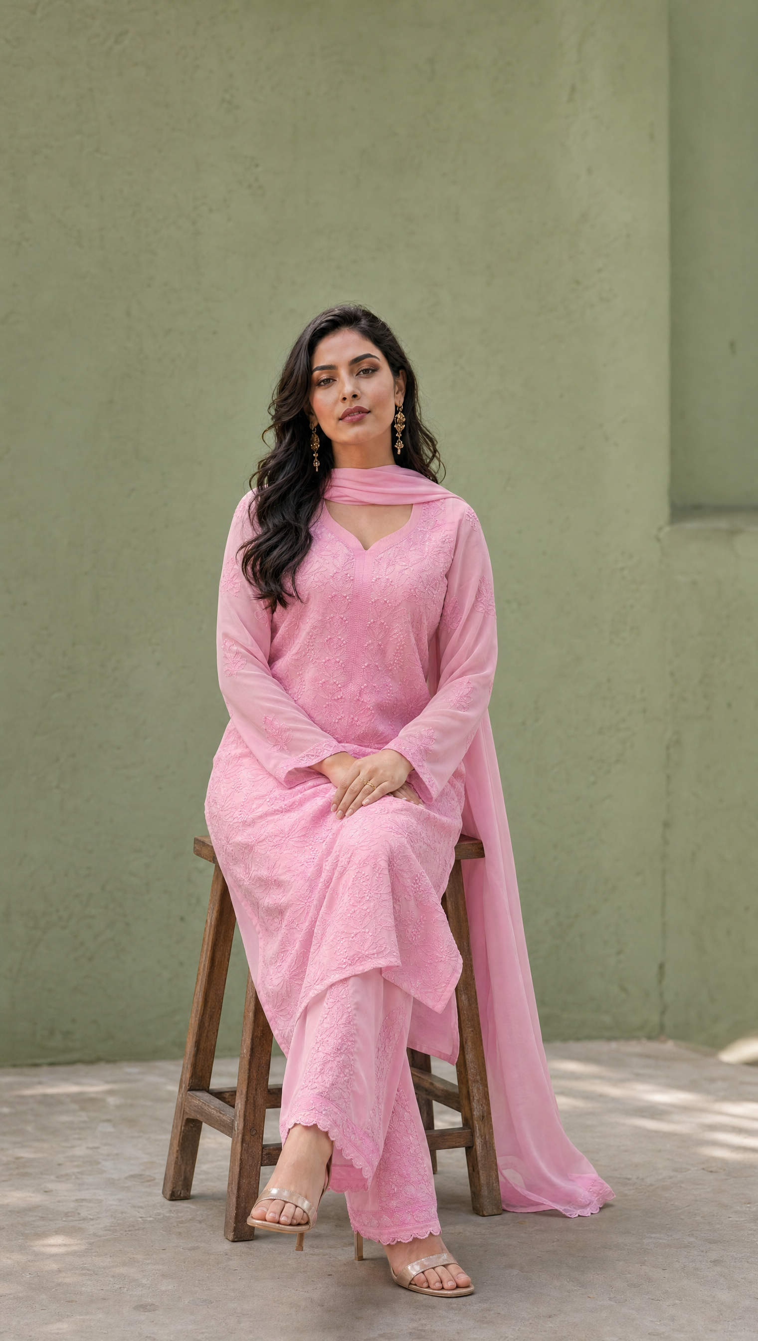 Baby pink georgette kurta with floral chikankari embroidery and V-notch neckline