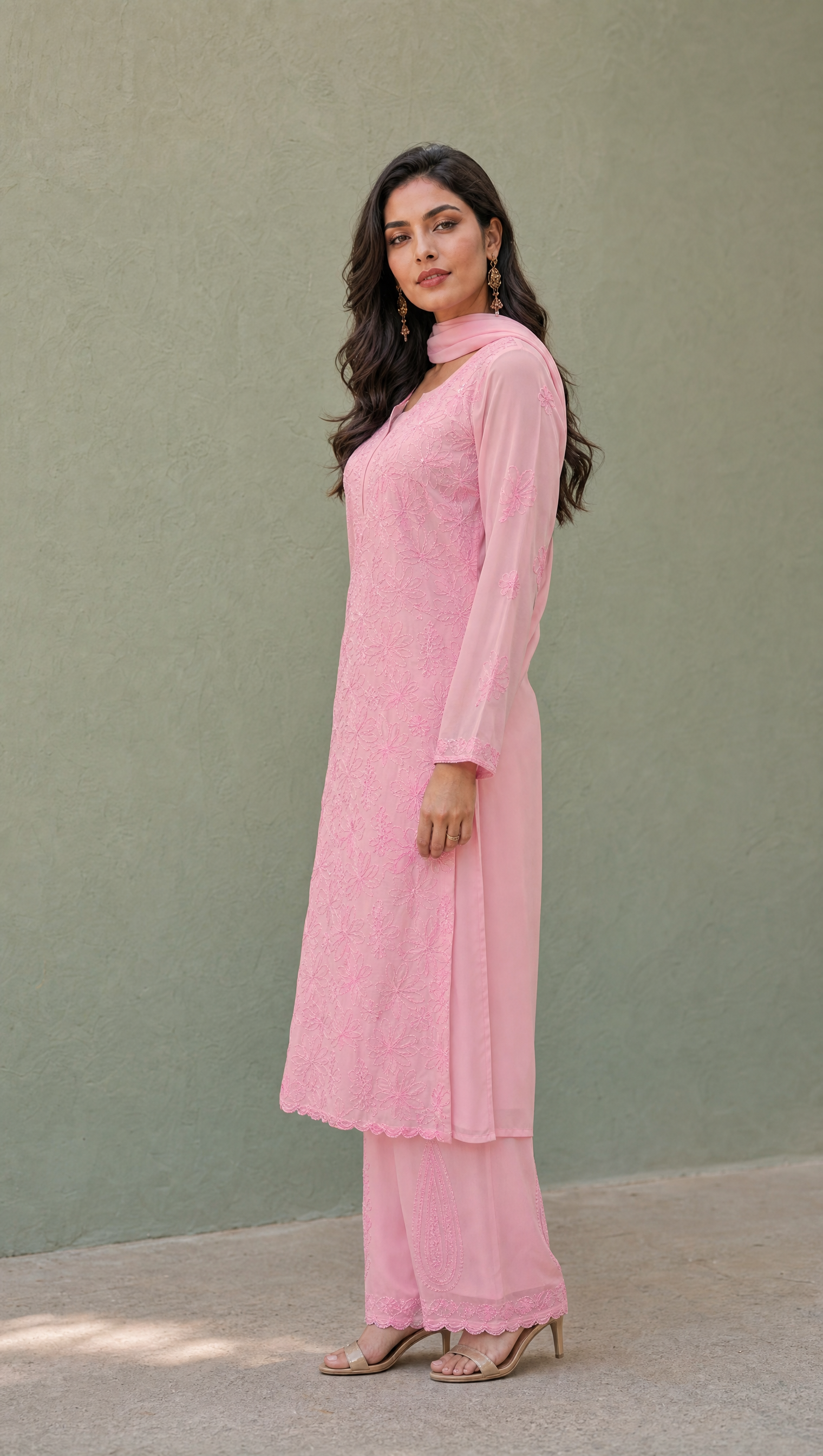 Baby pink georgette chikankari kurta with embroidered full sleeves