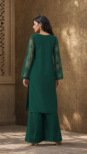 Dark green embroidered georgette palazzo with matching dupatta