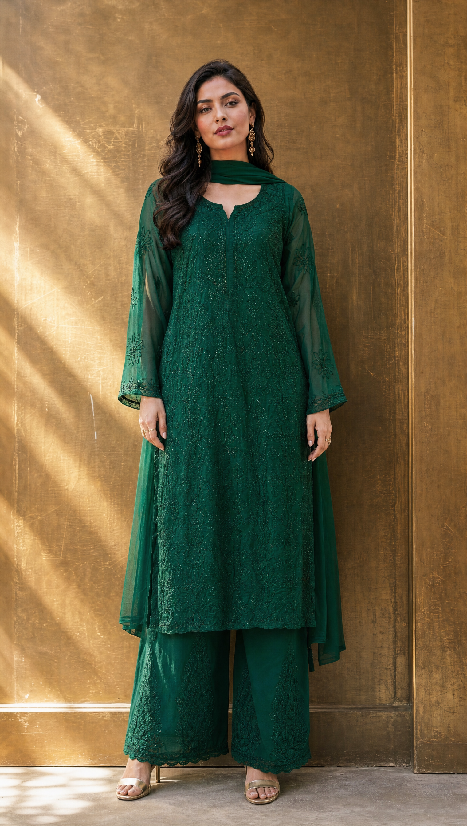 Green georgette chikankari kurta palazzo dupatta set for women front view