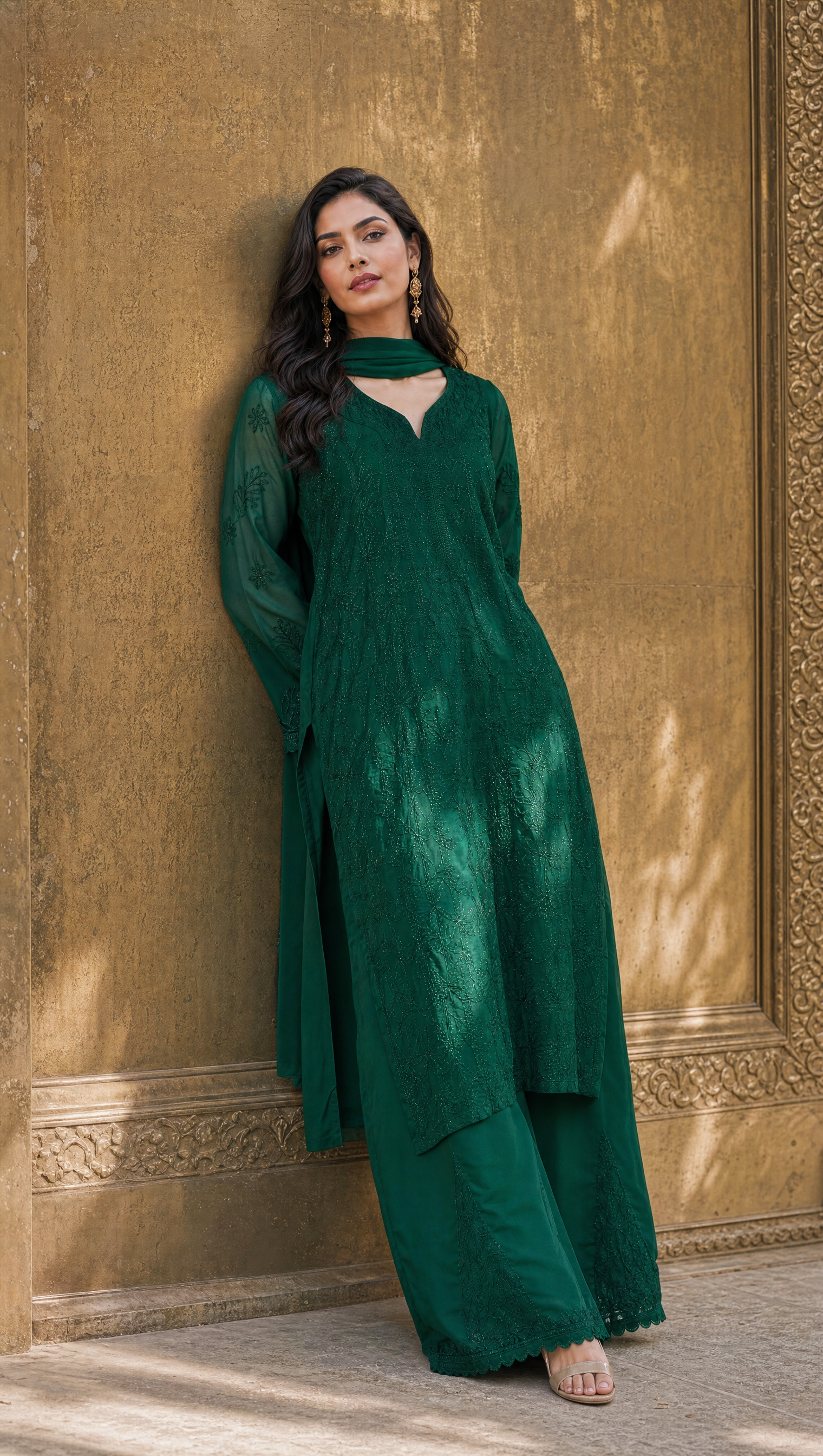 Dark Green georgette kurta with floral chikankari embroidery and V-notch neckline