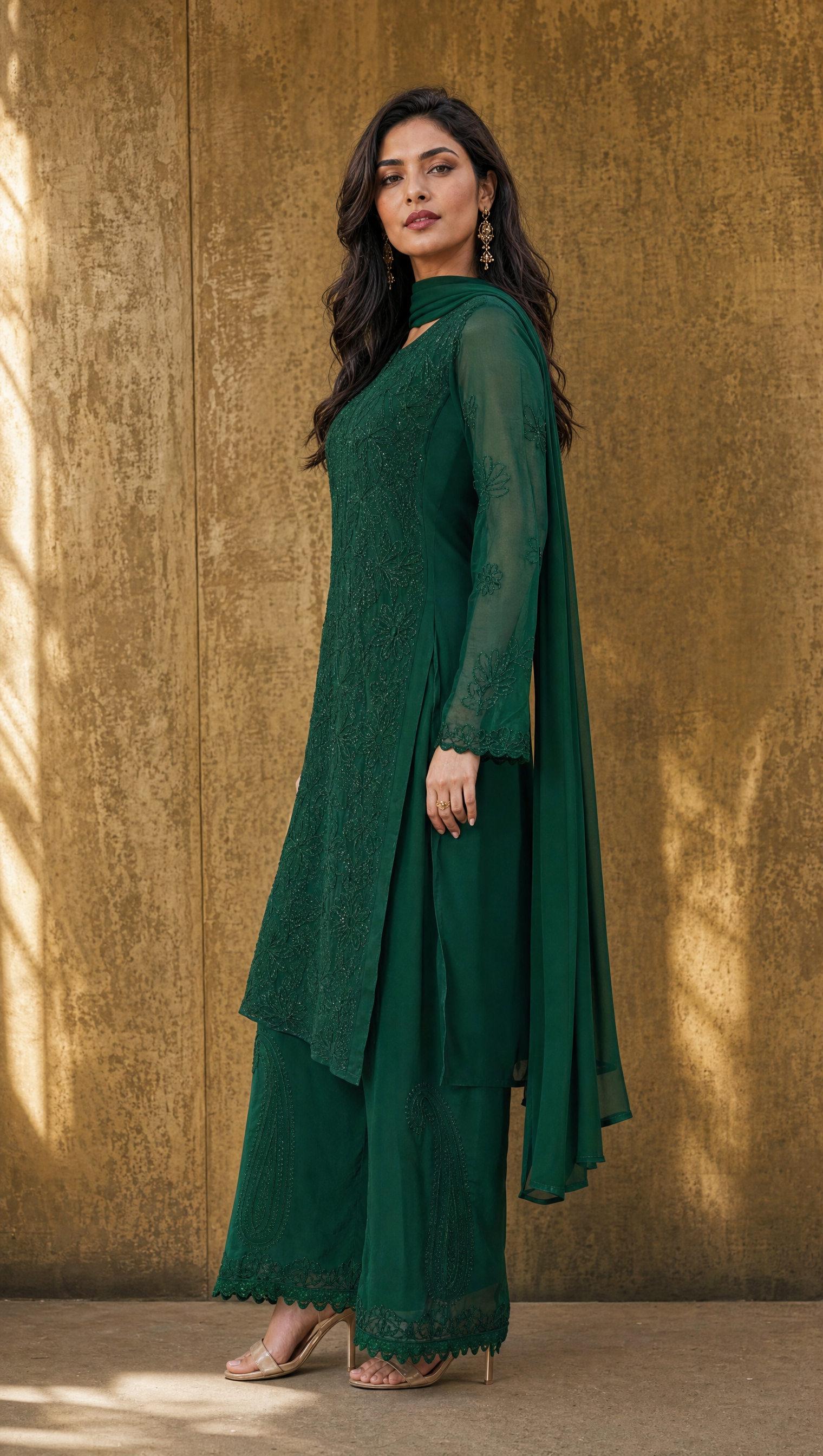 Dark green georgette chikankari kurta with embroidered full sleeves