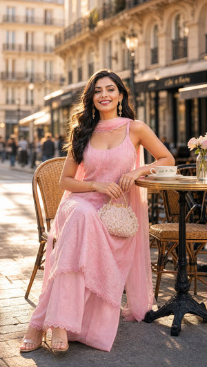 Baby pink chikankari strappy kurta with matching georgette dupatta
