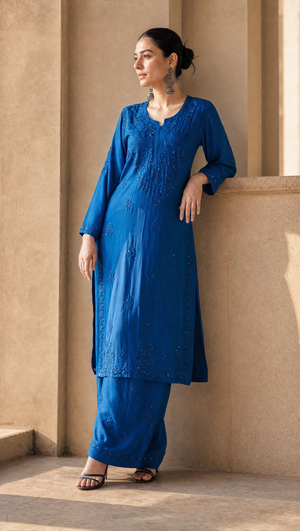 Royal blue rayon cotton kurta with floral chikankari embroidered yoke