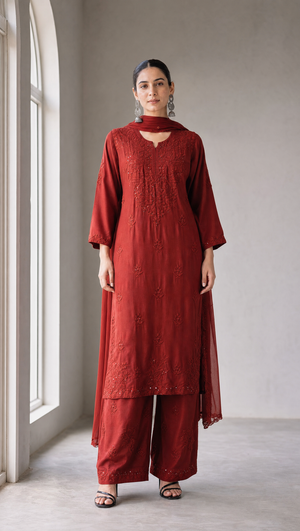 Brown rayon cotton chikankari kurta palazzo dupatta set for women front view