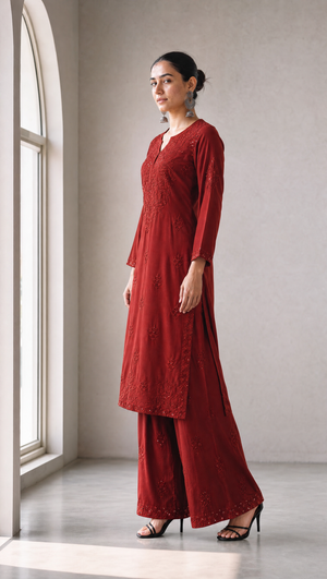 Brown rayon cotton kurta with chikankari embroidery and delicate sequin detailing