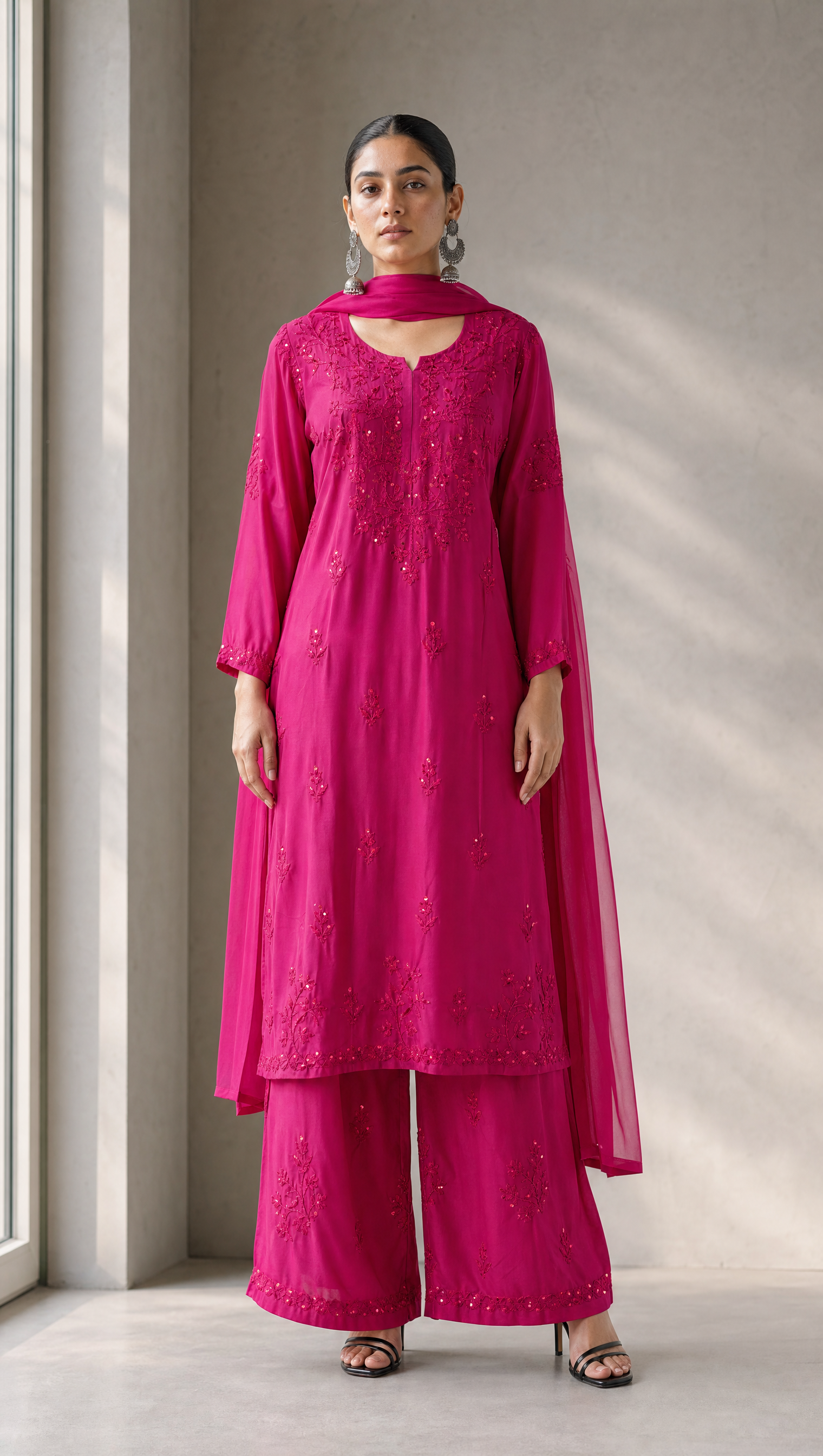 Plum rayon cotton chikankari kurta palazzo dupatta set for women front view