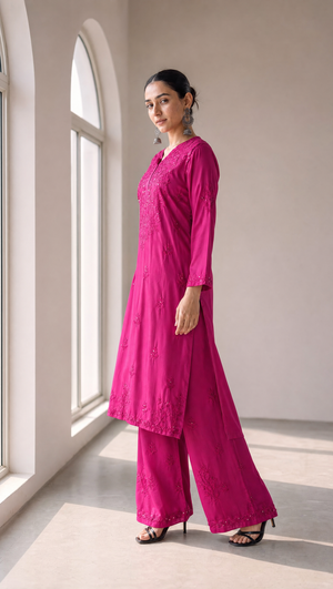 Plum chikankari kurta with 3/4 sleeves and embroidered neckline