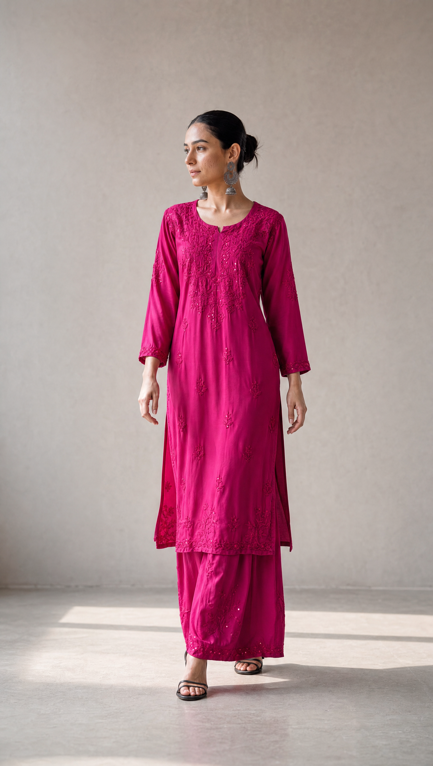 Plum rayon cotton kurta with chikankari embroidery and delicate sequin detailing