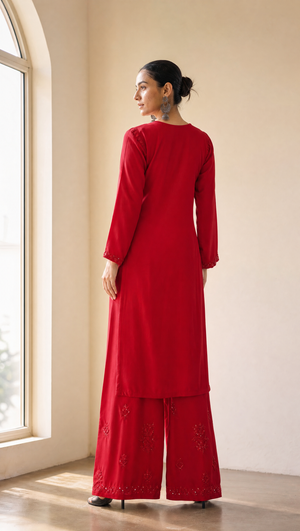 Red rayon cotton embroidered palazzo with matching dupatta