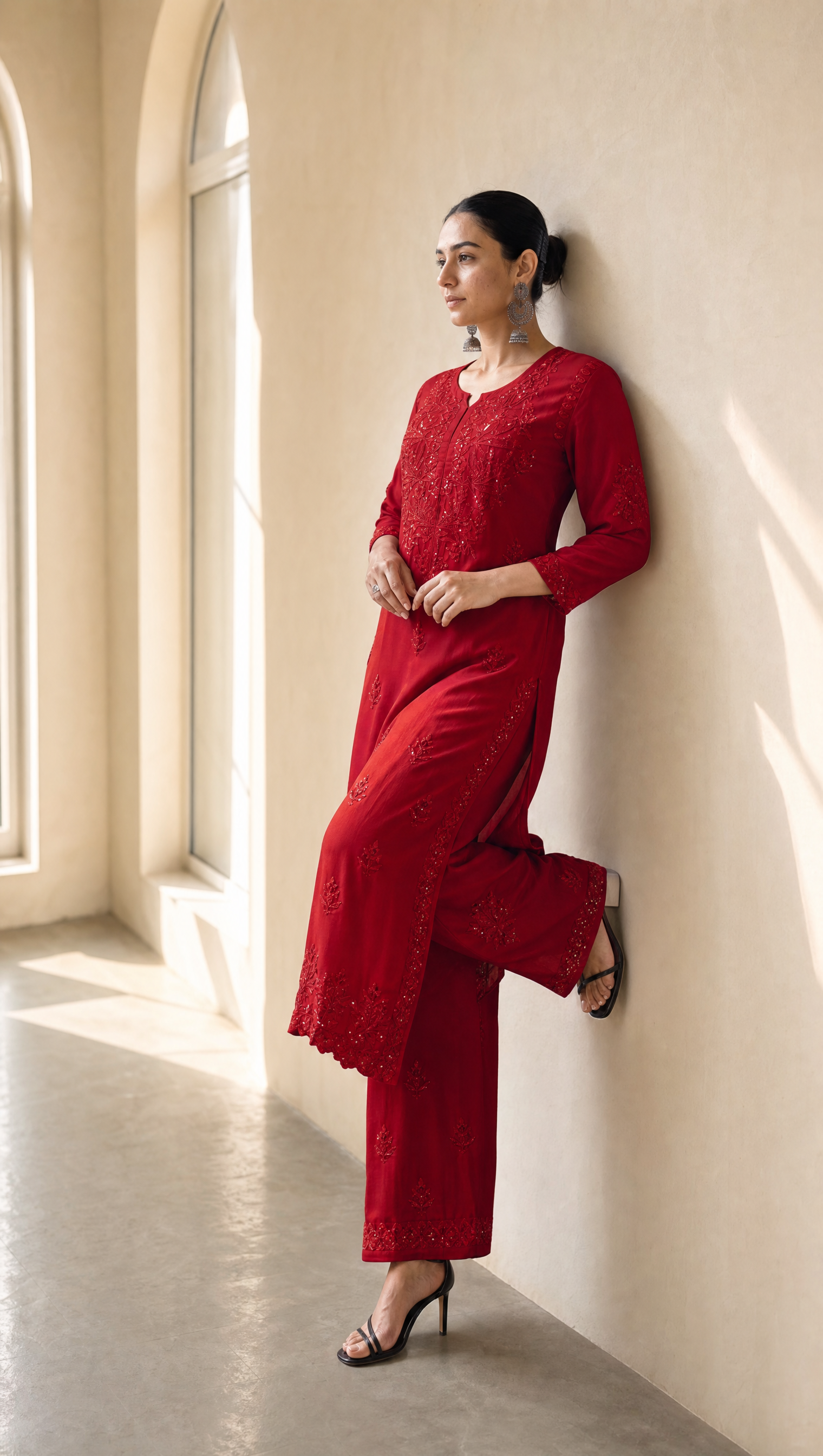 Red chikankari kurta with 3/4 sleeves and embroidered neckline