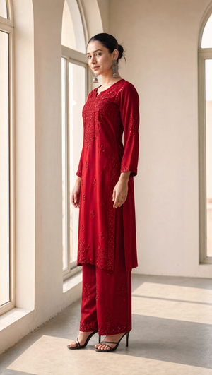 Red rayon cotton kurta with chikankari embroidery and delicate sequin detailing