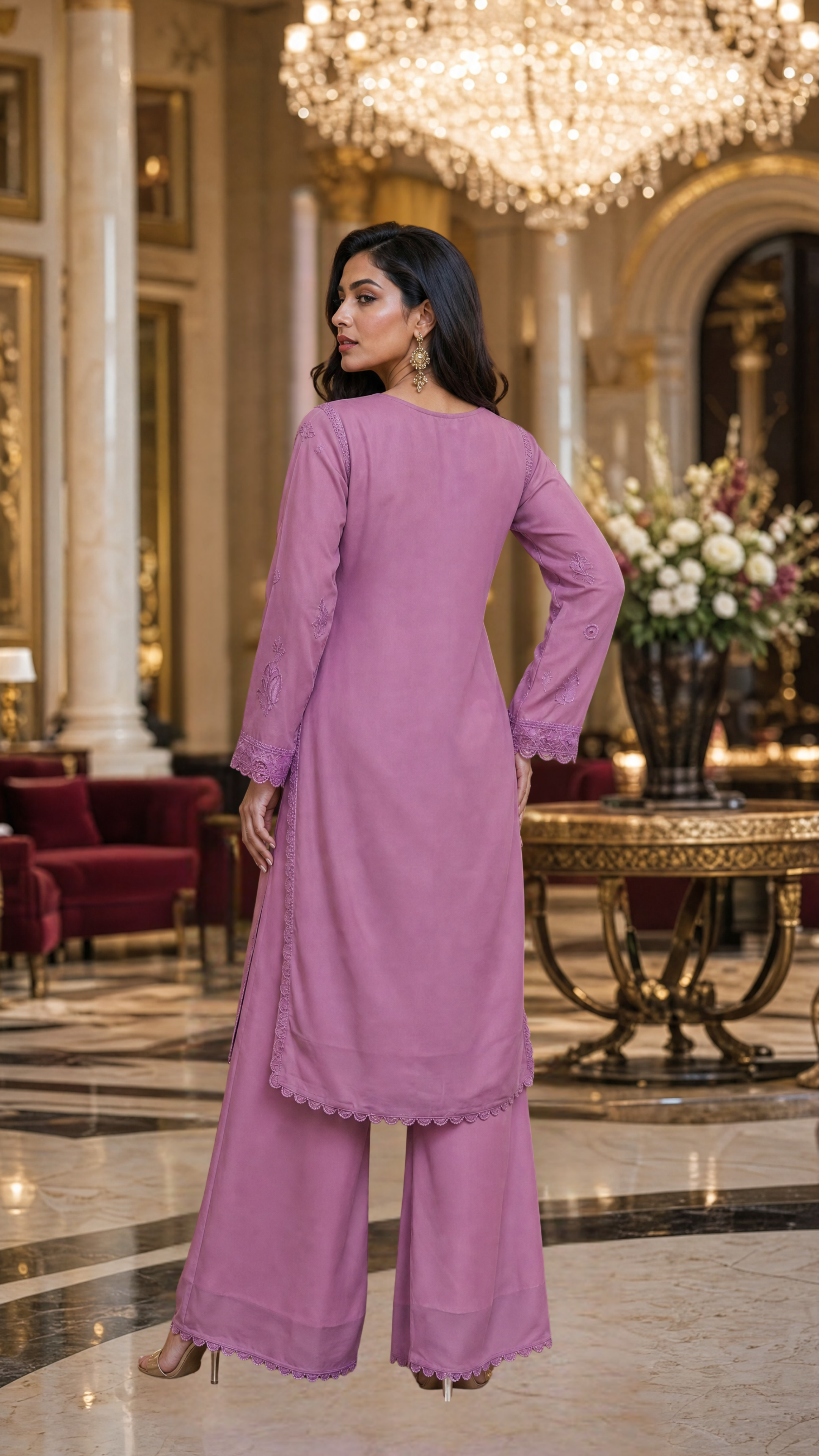 Lavender georgette embroidered palazzo with matching dupatta