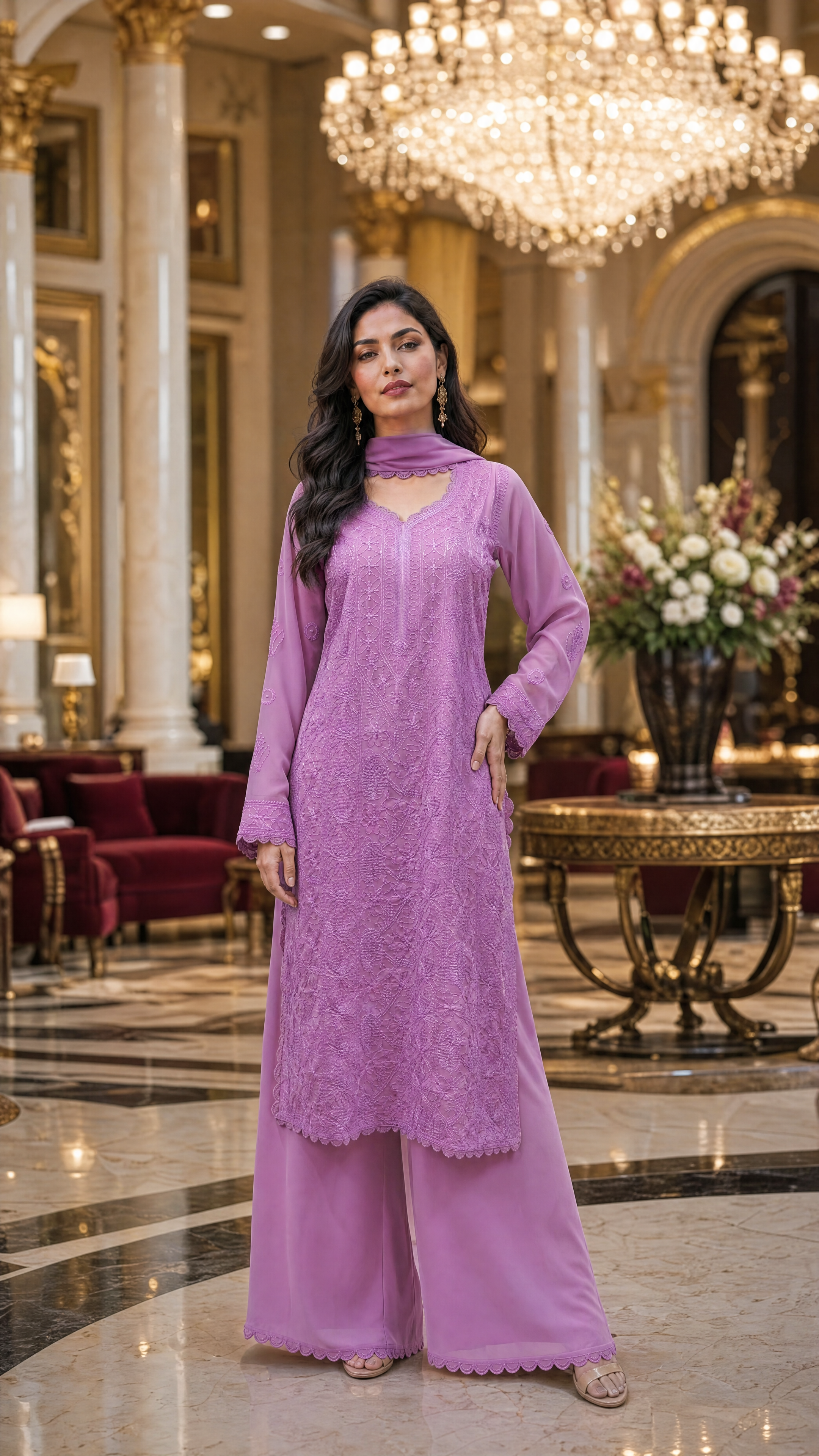 Lavender georgette chikankari kurta palazzo dupatta set for women front view