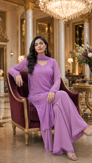 Lavender georgette kurta with floral chikankari embroidered front panel