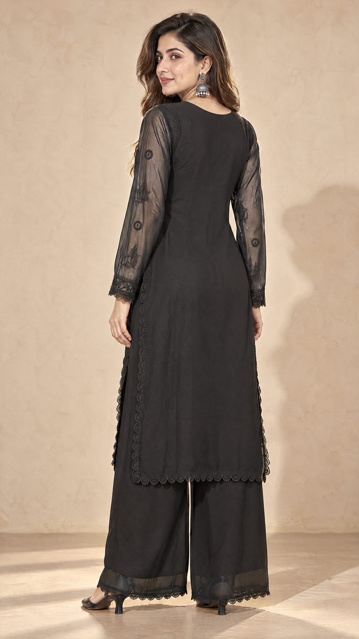 Black Embroidered Georgette Pants With Matching Dupatta