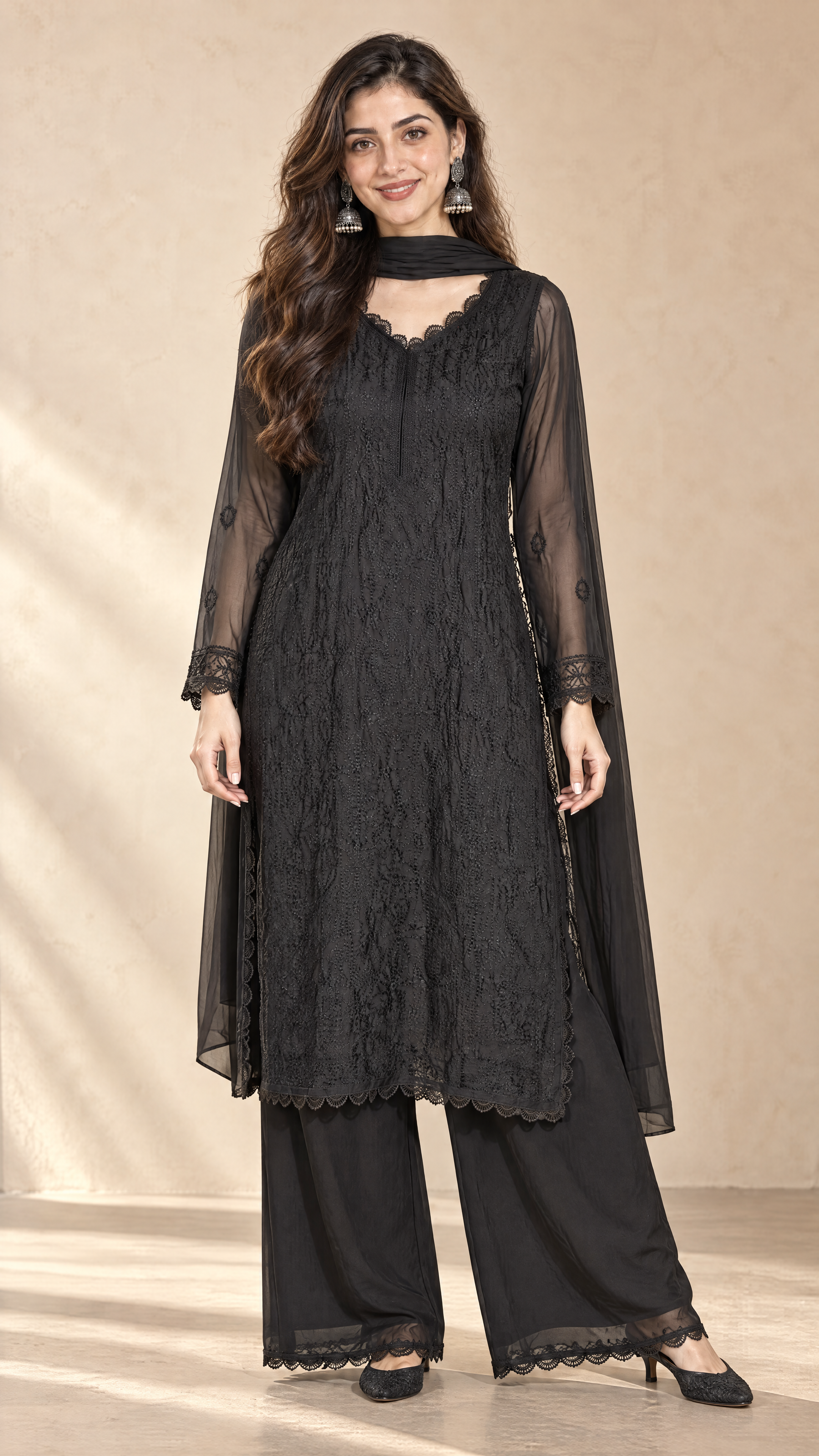 Black Georgette Chikankari Kurta Pant Dupatta Set For Women Front View