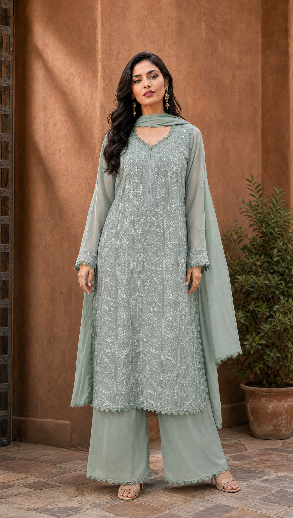 Gray Georgette Kurta With Floral Chikankari Embroidered Yoke