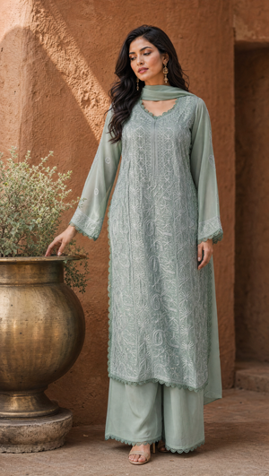 Gray Georgette Chikankari Kurta Pant Dupatta Set For Women Front View